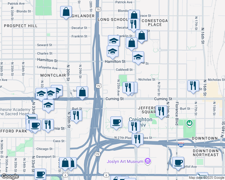 map of restaurants, bars, coffee shops, grocery stores, and more near 2569 Nicholas Court in Omaha