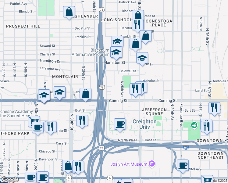 map of restaurants, bars, coffee shops, grocery stores, and more near 2569 Nicholas Court in Omaha