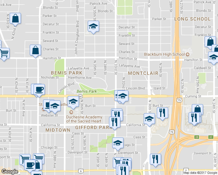 map of restaurants, bars, coffee shops, grocery stores, and more near 1025 North 34th Street in Omaha