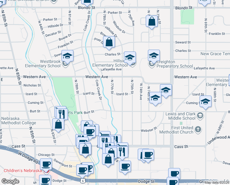map of restaurants, bars, coffee shops, grocery stores, and more near 1017 North 77th Street in Omaha