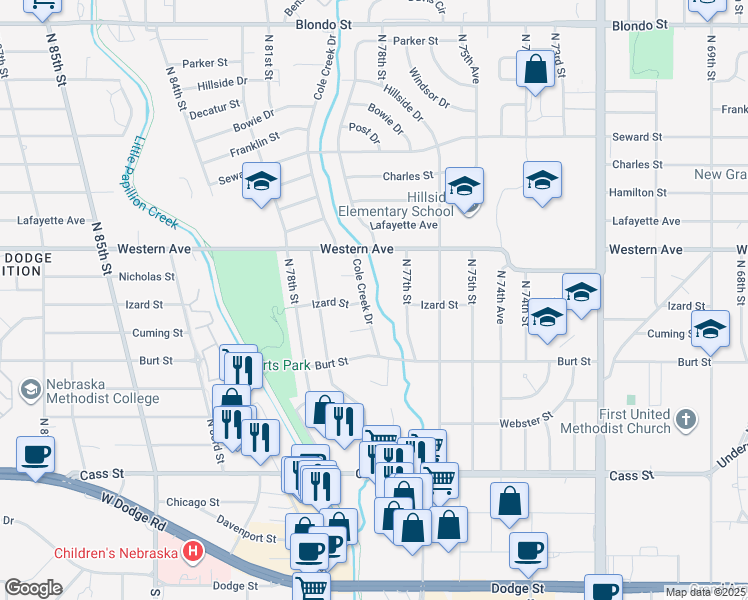 map of restaurants, bars, coffee shops, grocery stores, and more near 1026 North 77th Street in Omaha
