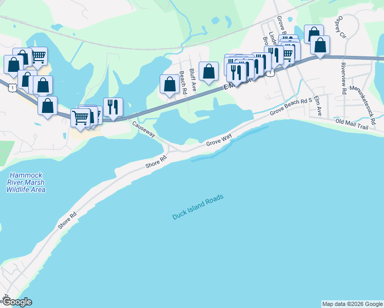 map of restaurants, bars, coffee shops, grocery stores, and more near 25 Grove Way in Clinton