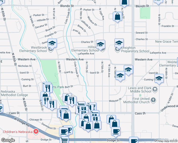 map of restaurants, bars, coffee shops, grocery stores, and more near 1017 North 77th Street in Omaha