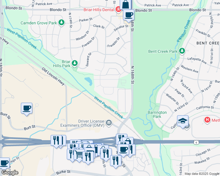 map of restaurants, bars, coffee shops, grocery stores, and more near 1222 North 168th Street in Omaha