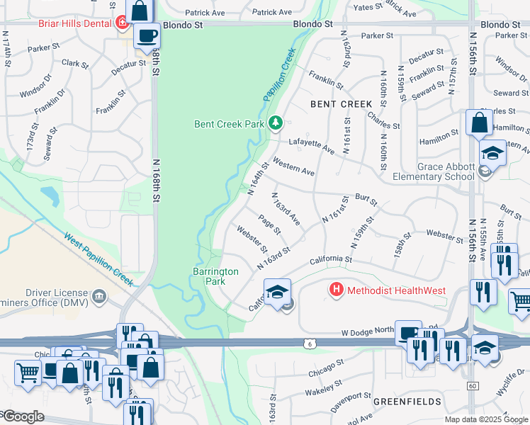 map of restaurants, bars, coffee shops, grocery stores, and more near 763 North 164th Street in Omaha