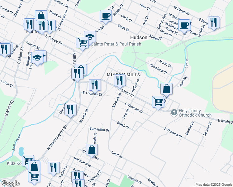 map of restaurants, bars, coffee shops, grocery stores, and more near 160-178 E Main St in Wilkes-Barre