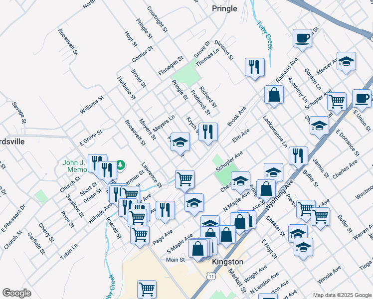 map of restaurants, bars, coffee shops, grocery stores, and more near 33 Penn Street in Kingston