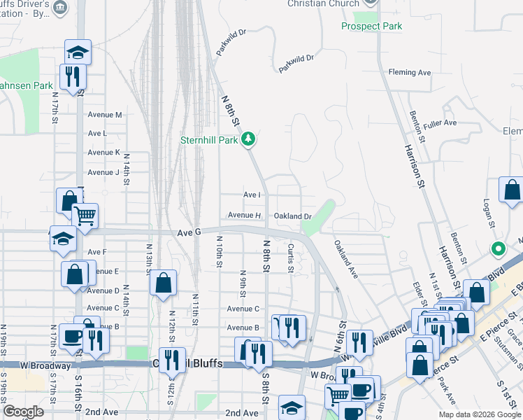 map of restaurants, bars, coffee shops, grocery stores, and more near 816 North 8th Street in Council Bluffs