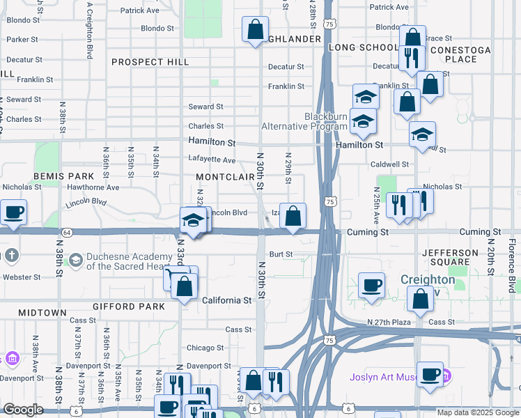 map of restaurants, bars, coffee shops, grocery stores, and more near 2935 Nicholas Street in Omaha