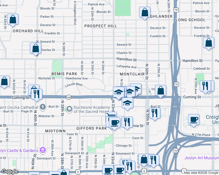 map of restaurants, bars, coffee shops, grocery stores, and more near 1025 North 34th Street in Omaha