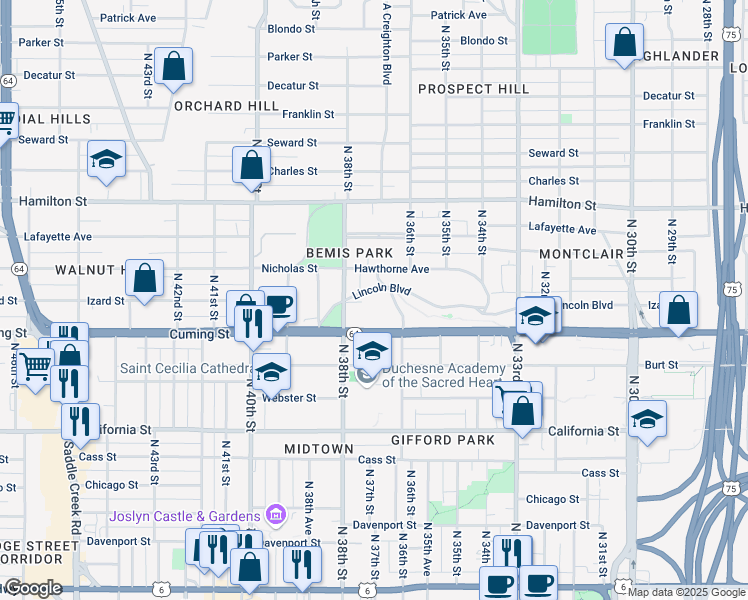 map of restaurants, bars, coffee shops, grocery stores, and more near 3616 Lincoln Boulevard in Omaha