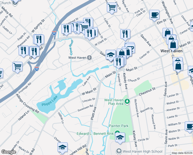 map of restaurants, bars, coffee shops, grocery stores, and more near 39 Lake Avenue in West Haven