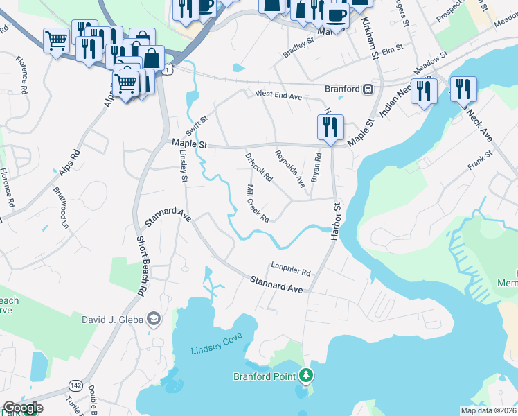 map of restaurants, bars, coffee shops, grocery stores, and more near 14 Mill Creek Place in Branford