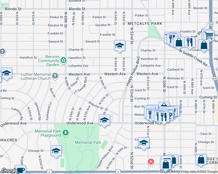 map of restaurants, bars, coffee shops, grocery stores, and more near 5412 Nicholas Street in Omaha