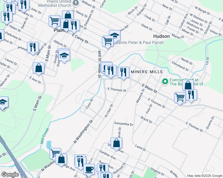 map of restaurants, bars, coffee shops, grocery stores, and more near 1-13 Chandler St in Wilkes-Barre