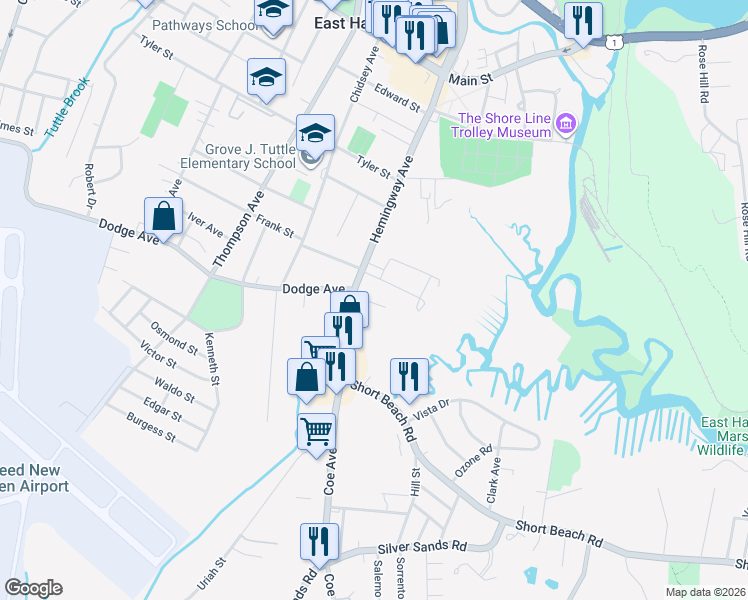 map of restaurants, bars, coffee shops, grocery stores, and more near 93 Hemingway Avenue in East Haven