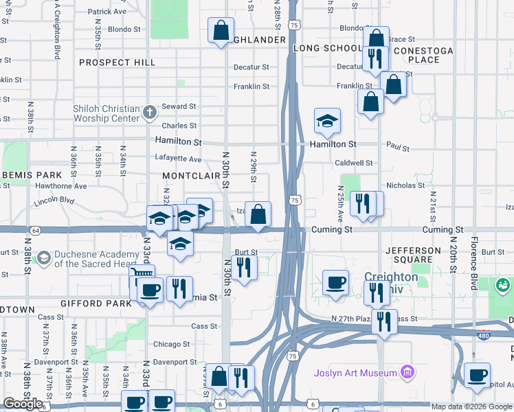 map of restaurants, bars, coffee shops, grocery stores, and more near 1020 North 29th Street in Omaha