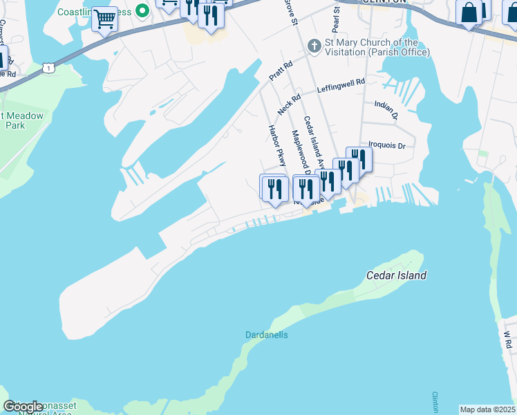 map of restaurants, bars, coffee shops, grocery stores, and more near 5 Buell Court in Clinton