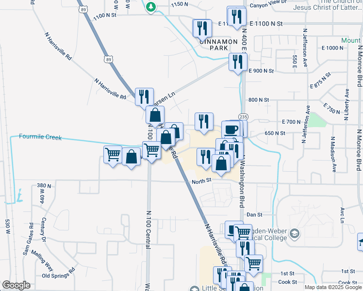 map of restaurants, bars, coffee shops, grocery stores, and more near 602 North Harrisville Road in Ogden