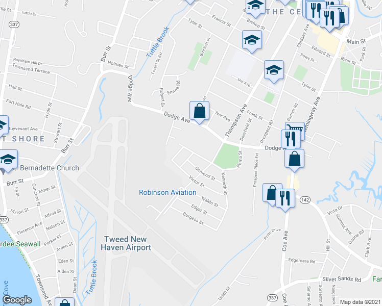map of restaurants, bars, coffee shops, grocery stores, and more near 230 Kenneth Street in East Haven