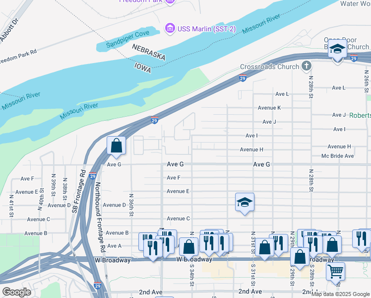 map of restaurants, bars, coffee shops, grocery stores, and more near 901 North 35th Street in Council Bluffs