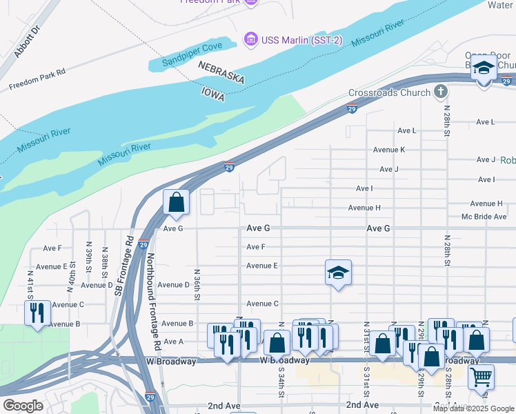 map of restaurants, bars, coffee shops, grocery stores, and more near 901 North 35th Street in Council Bluffs