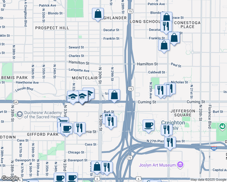 map of restaurants, bars, coffee shops, grocery stores, and more near 1020 North 29th Street in Omaha