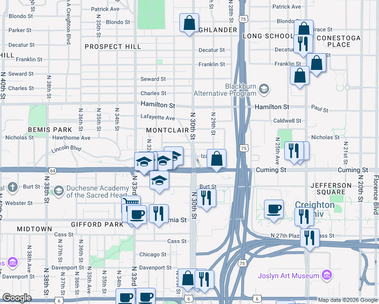 map of restaurants, bars, coffee shops, grocery stores, and more near 2935 Nicholas Street in Omaha