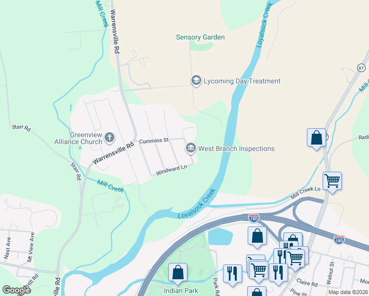 map of restaurants, bars, coffee shops, grocery stores, and more near 2076 Cummins Street in Montoursville