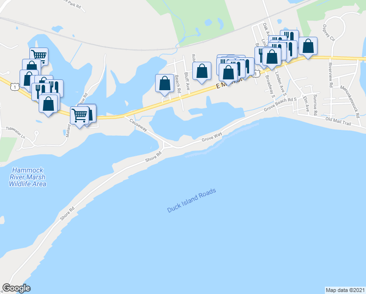 map of restaurants, bars, coffee shops, grocery stores, and more near 12 Groveway in Clinton