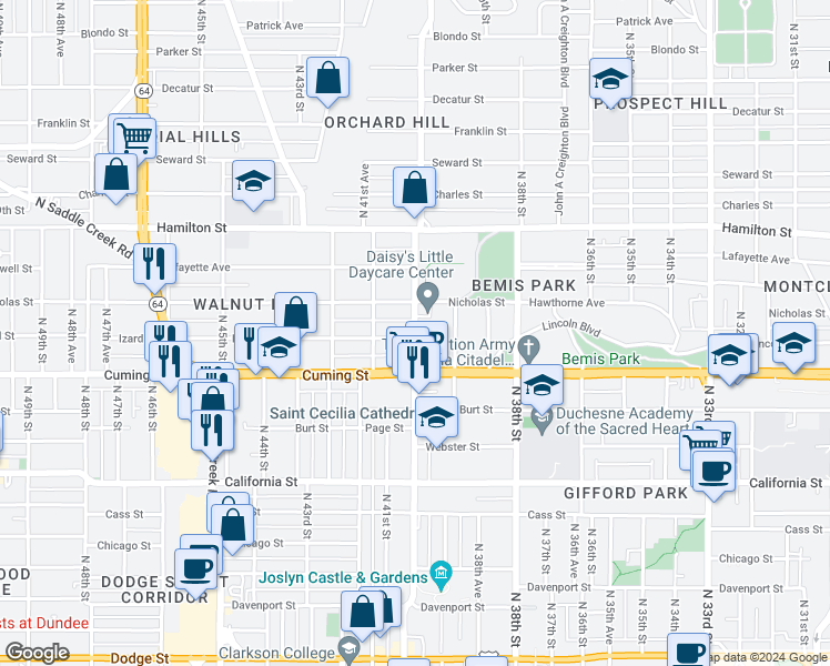 map of restaurants, bars, coffee shops, grocery stores, and more near 1003 North 40th Street in Omaha