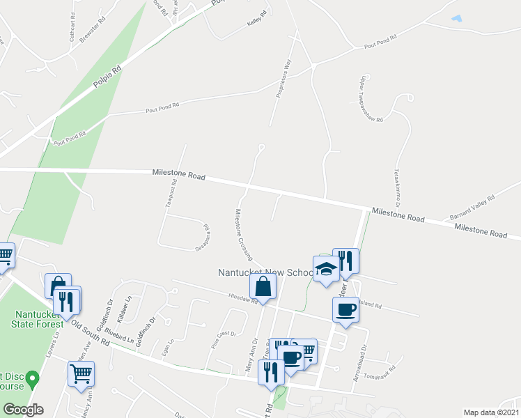 map of restaurants, bars, coffee shops, grocery stores, and more near 65 Milestone Road in Nantucket