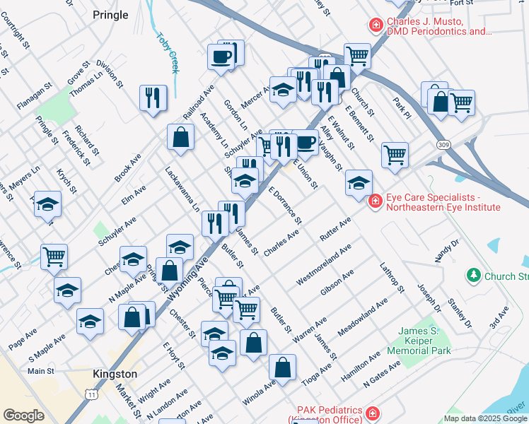 map of restaurants, bars, coffee shops, grocery stores, and more near 43 Hedge Place in Kingston