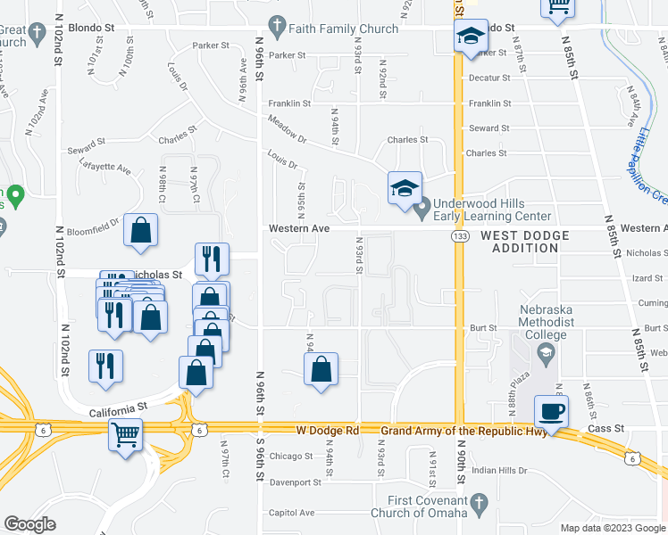 map of restaurants, bars, coffee shops, grocery stores, and more near 9324 Cuming Plaza in Omaha