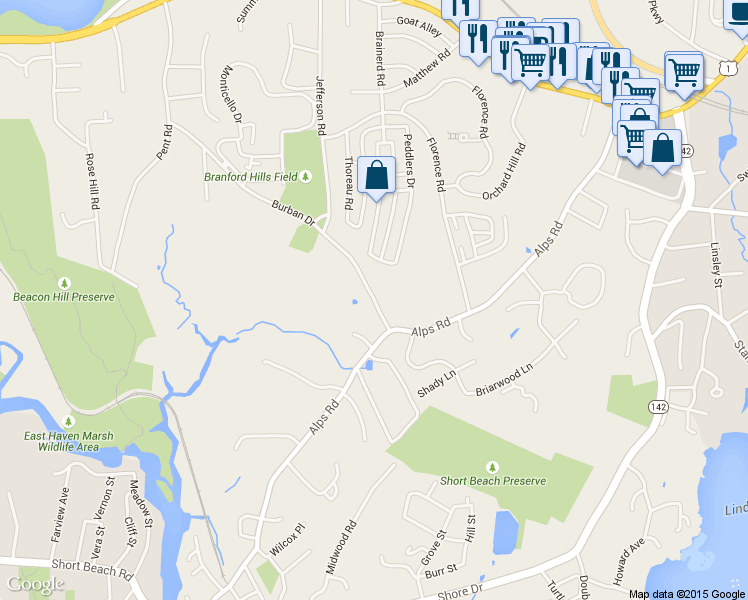 map of restaurants, bars, coffee shops, grocery stores, and more near 120 Burban Dr in Branford