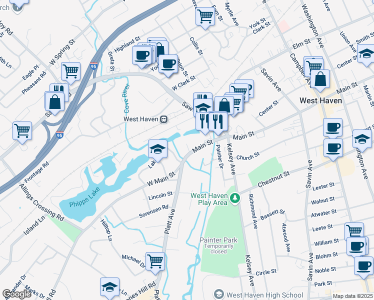map of restaurants, bars, coffee shops, grocery stores, and more near 613R West Main Street in West Haven