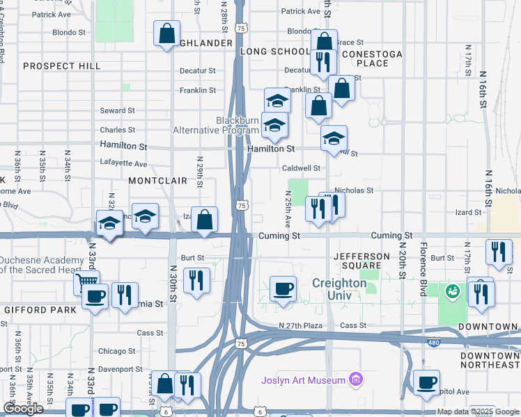 map of restaurants, bars, coffee shops, grocery stores, and more near 2569 Nicholas Court in Omaha