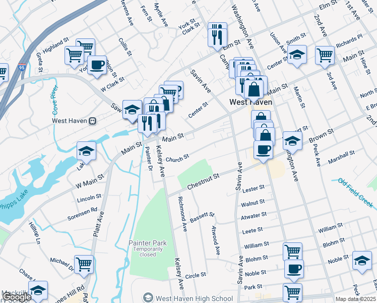 map of restaurants, bars, coffee shops, grocery stores, and more near 167 Church Street in West Haven