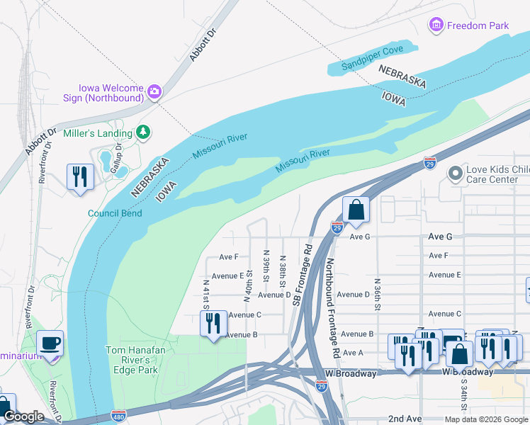 map of restaurants, bars, coffee shops, grocery stores, and more near 47 Glenview Drive in Council Bluffs