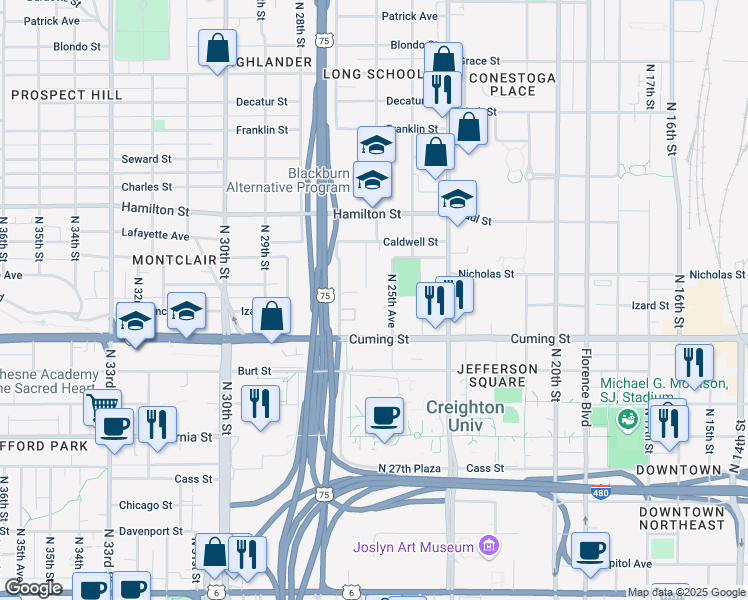 map of restaurants, bars, coffee shops, grocery stores, and more near 2569 Nicholas Court in Omaha