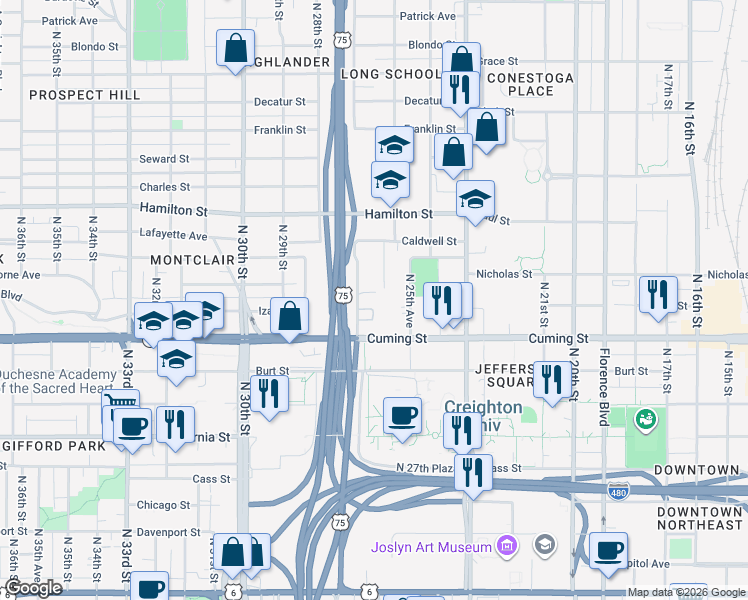 map of restaurants, bars, coffee shops, grocery stores, and more near 2569 Nicholas Court in Omaha