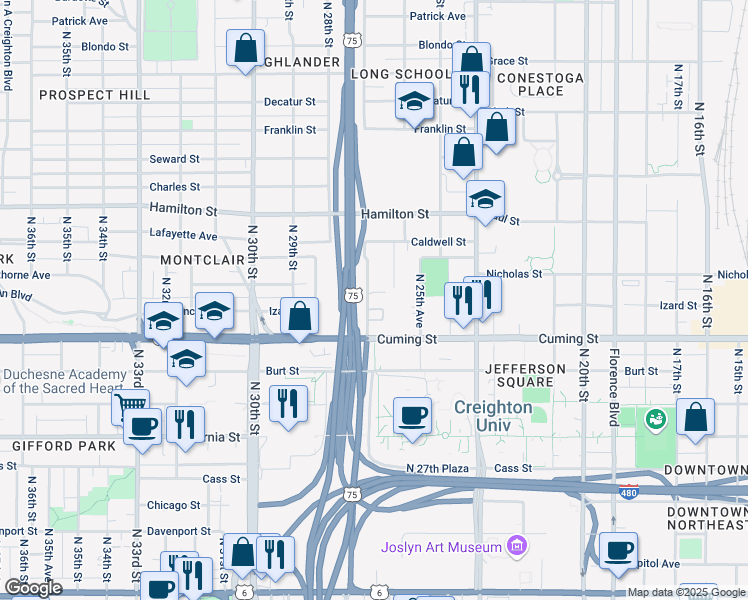 map of restaurants, bars, coffee shops, grocery stores, and more near 2625 Nicholas Court in Omaha