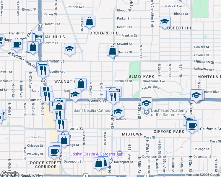 map of restaurants, bars, coffee shops, grocery stores, and more near 1003 North 40th Street in Omaha