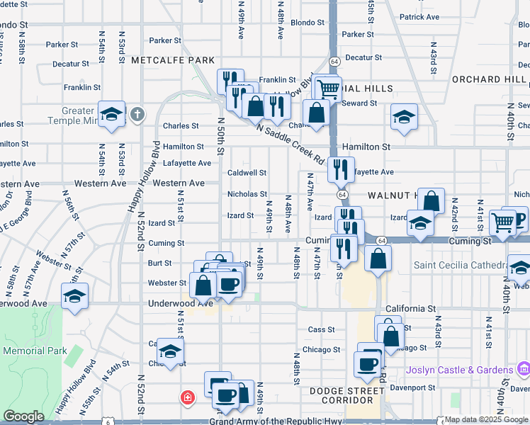 map of restaurants, bars, coffee shops, grocery stores, and more near 1005 North 49th Avenue in Omaha