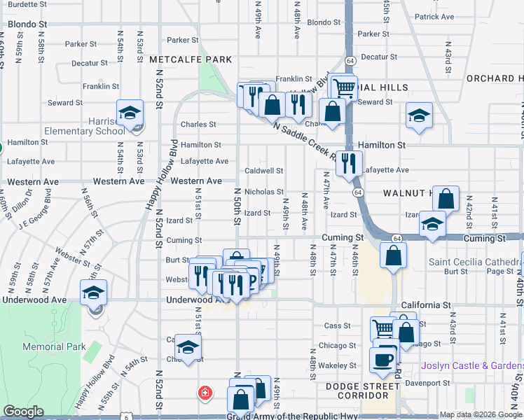 map of restaurants, bars, coffee shops, grocery stores, and more near 1005 North 50th Avenue in Omaha