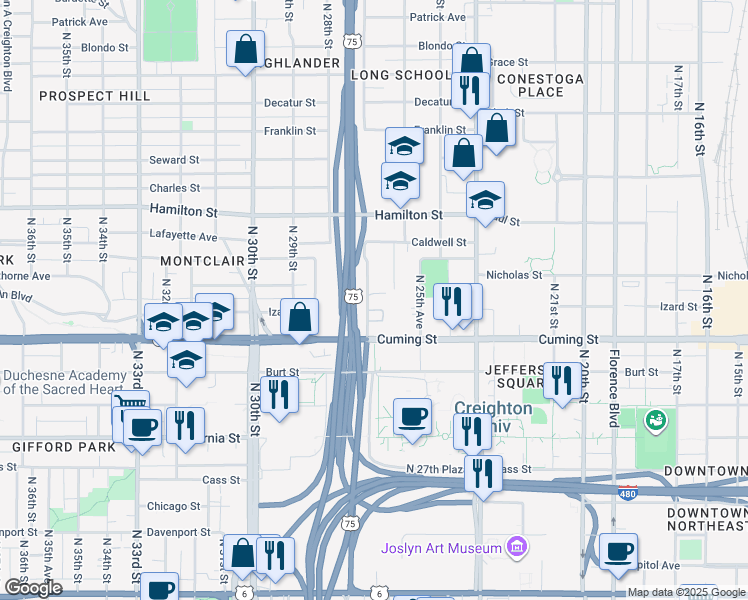 map of restaurants, bars, coffee shops, grocery stores, and more near 2625 Nicholas Court in Omaha