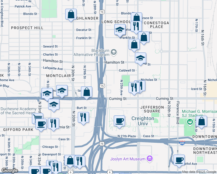map of restaurants, bars, coffee shops, grocery stores, and more near 2625 Nicholas Court in Omaha