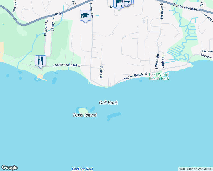 map of restaurants, bars, coffee shops, grocery stores, and more near 31 Middle Beach Road in Madison