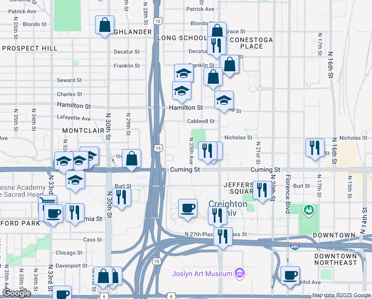 map of restaurants, bars, coffee shops, grocery stores, and more near 2569 Nicholas Court in Omaha
