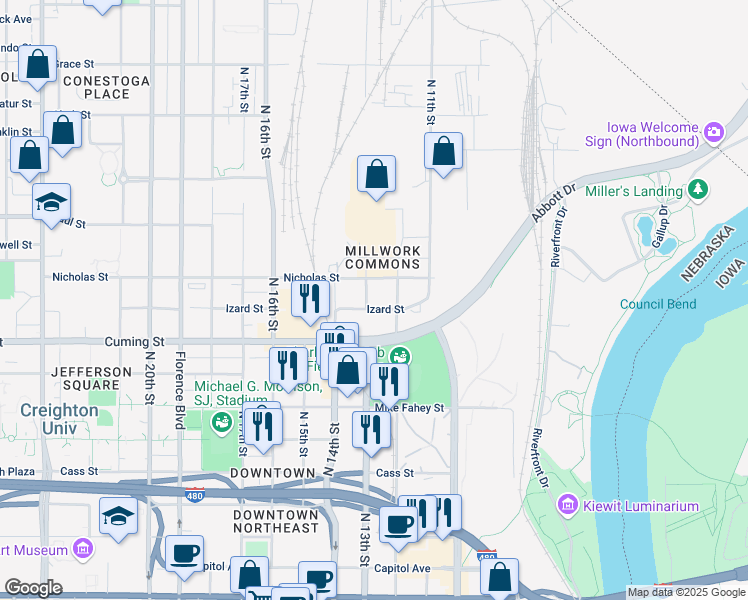map of restaurants, bars, coffee shops, grocery stores, and more near 1224 Izard Street in Omaha